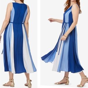 PLUS Jessica London NEW Blue & White Colorblock Rayon Belted Flowy Maxi Dress